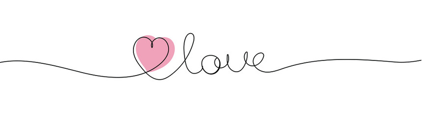 Heart line art with love text. Happy valentines day. Continuous line drawing.  Vector illustration