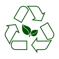 Icon of recycling sign and green leaves. Symbol of circular economy and sustainable products made of recycled, recyclable or biodegradable materials. Vector Illustration