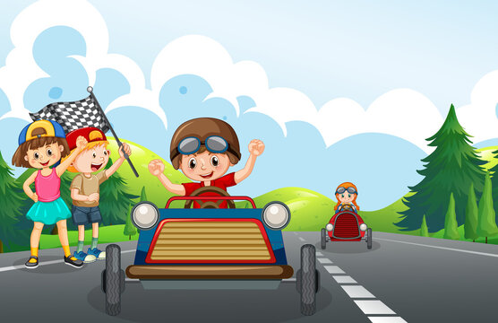 Road scene with children racing car