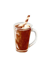 Hot chocolate. Cocoa in a glass mug with marshmelo. Watercolor mug with chocolate. Hot drink with cookies and marshmallows in a glass mug. Design for menus, cafes, restaurants. Sticker. Isolated .