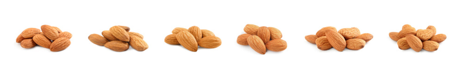 Set with tasty almond nuts on white background. Banner design