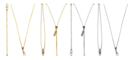 Metal zippers isolated on white, collage. Banner design © New Africa