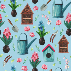 Seamless watercolor pattern on the theme of gardening. Hand drawn watercolor illustration on light blue background. Hyacinth flowers, watering can, pruning shears, insect house, birdhouse.