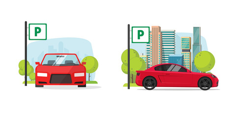 Parking lot zone for car vector or automobile park space area on city street scene flat cartoon illustration, auto stop station spot with sign