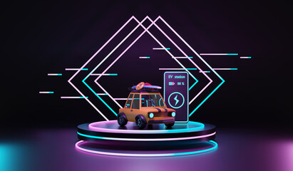 Electric car at charging station. EV Car, Electric vehicle charging technology, 3d illustration