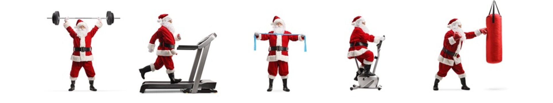 Santa clauses exercising with different sports equipment