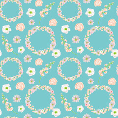 Watercolor floral seamless pattern on bright turquoise blue background. Hand drawn flowers and wreaths. Botanical illustration for fabrics, fashion, wrapping, wallpaper