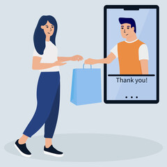 Online shopping on internet using mobile smartphone. Courier gives parcel to customer.