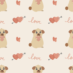 Seamless pattern with сute dog breed pug and hearts. Excellent design for packaging, wrapping paper, textile etc.