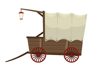 Wild west cartoon wagon with tent and lantern. Old western carriage icon isolated on white background