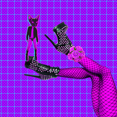 Collage with sexy swag  clubbing Kitty and sexy legs in trendy purple  space. Modern, Contemporary colorful bright zine design. Nightlife, party, Dj concept - obrazy, fototapety, plakaty