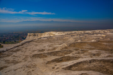 PAMUKKALE, TURKEY: Beautiful white travertine terraces on a sunny day.
