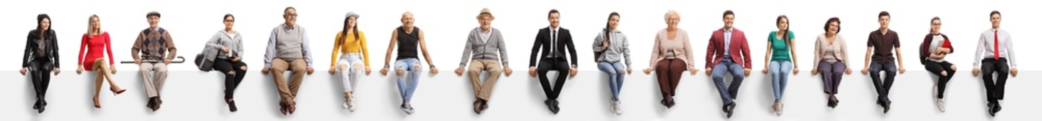 Young and elderly people sitting on a blank panel - obrazy, fototapety, plakaty