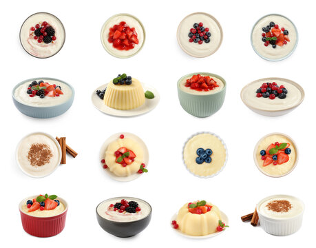 Set with delicious semolina puddings on white background