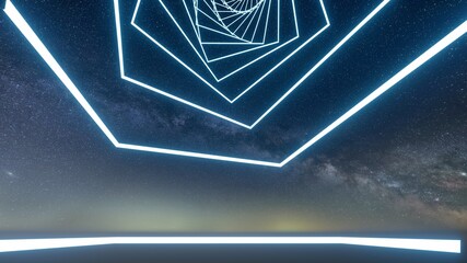 Abstract geometric portal made of glowing blue neon squares on a starry sky background 3d rendering