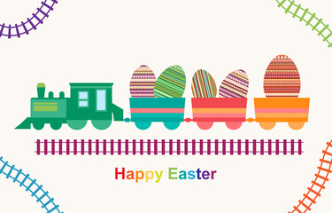 Happy Easter train carrying Easter eggs, vector