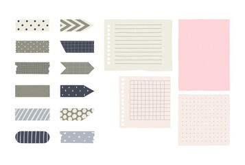 Set with pieces with paper and washi tape with different patterns. Hand drawn vector illustrations isolated on white background.
