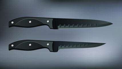 set of two realistic kitchen knives isolated on black, chef knives, Cutlery icon set, colourful knives, Vector illustration