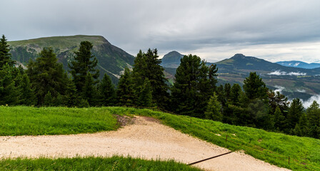 View from Oberholz Hutte above Obereggen in Dolomites mountains