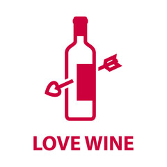 Logotipo con texto Love Wine con botella de vino con flecha de cupido con lineas en color granate