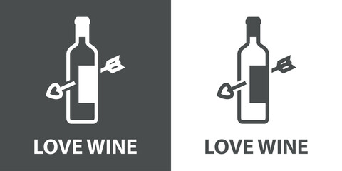 Logotipo con texto Love Wine con botella de vino con flecha de cupido con lineas en fondo gris y fondo blanco © teracreonte
