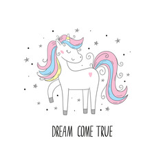 Cute cartoon character unicorn. Vector print. Unicorn and magic