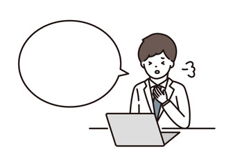 パソコンの前で緊張して深呼吸をする男性薬剤師・医師 吹き出し