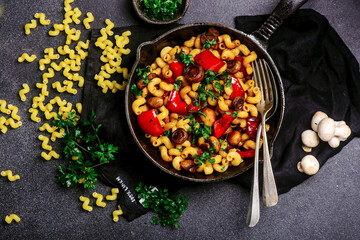 Asian style mushroom pasta in the skillet