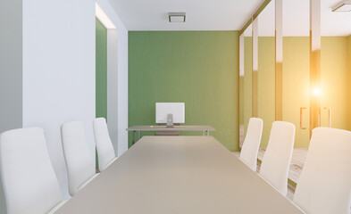 Open space office interior with like conference room. Mockup. 3D rendering.. Sunset.