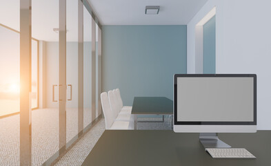 Fototapeta na wymiar Front view of an office interior with a row of dark wood tables. 3D rendering.. Sunset.