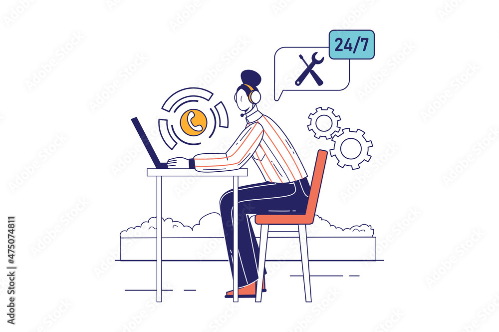 Aufkleber call center concept in flat line design for web banner. woman operator answers customer calls around