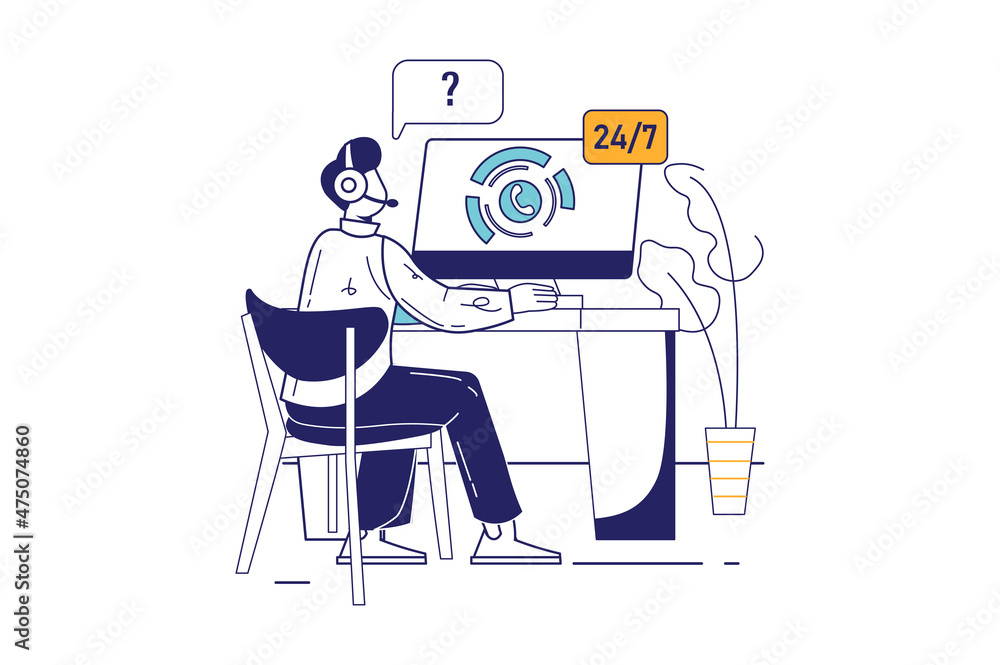 Poster call center concept in flat line design for web banner. man operator answers customer messages aroun