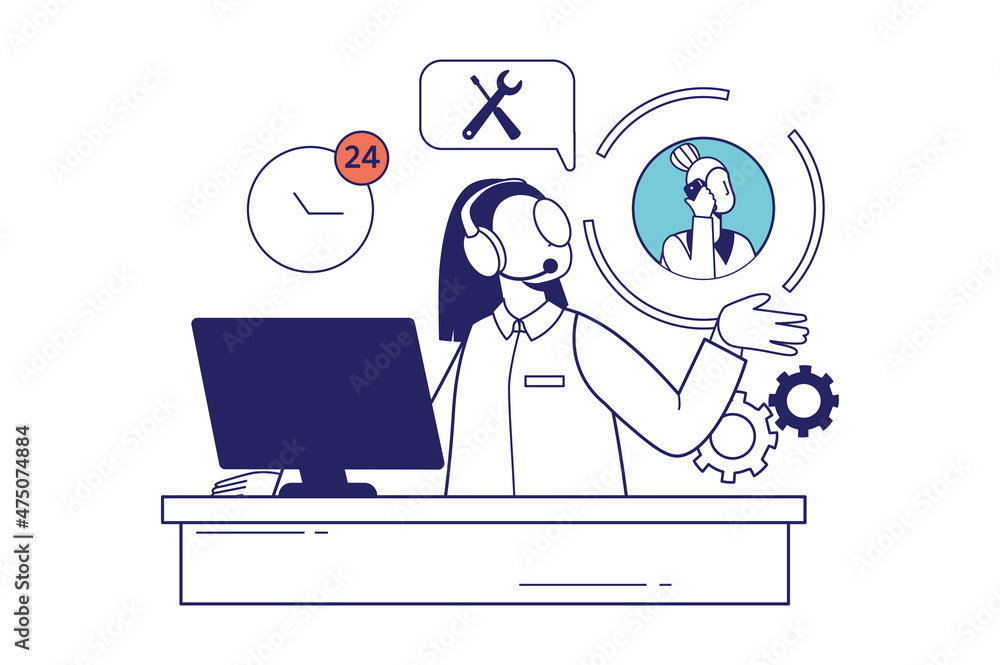 Poster call center concept in flat line design for web banner. woman consultant answers customer calling, a