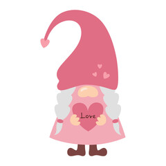 Cute Valentine's gnome holds love heart in her hands. Cartoon Valentines gnome in pink pastel colors. Dwarf Valentine's Day decor. Vector flat illustration isolated on white background.