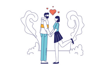 Obraz premium Valentines day concept in flat line design for web banner. Man hold hands woman. Couple in love celebrate romantic holiday together, modern people scene. Vector illustration in outline graphic style