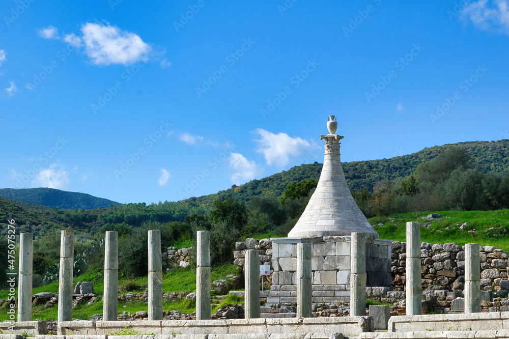 Poster city of ancient classical greece, buildings, columns, ancient theater stadium, ancient messini