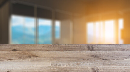 Background with empty wooden table. Flooring. Modern office building interior. 3D rendering.. Sunset.