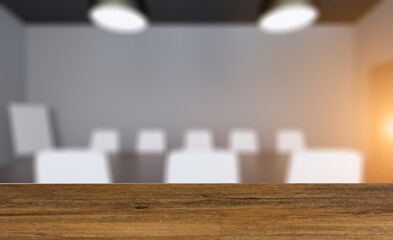 Modern office Cabinet.  3D rendering.   Meeting room. Sunset. Background with empty table. Flooring.