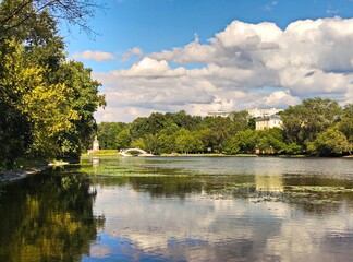 Fototapeta na wymiar The outgoing summer on Golovinsky Pond in Moscow