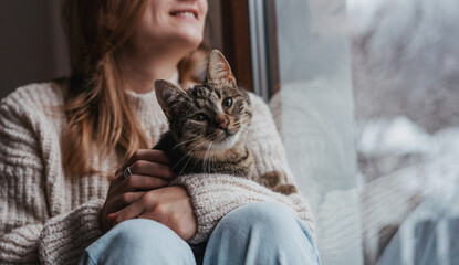 Young cheerful girl sitting at home on the windowsill in a warm sweater playing with a gray cat on a winter day - obrazy, fototapety, plakaty