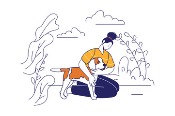 Pets with owners concept in flat line design for web banner. Woman hugging dog on walk in park. Friendly relations and animals caring modern people scene. Vector illustration in outline graphic style