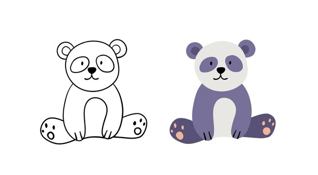 Cute hand-drawn panda animal. Vector flat Illustration bear. Contour and color version.
