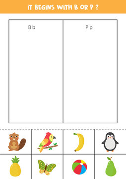 It begins with letter P or B. Sort pictures.