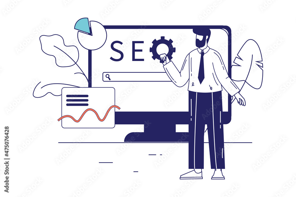 Poster seo concept in flat line design for web banner. man settings search engine at browser, optimization 