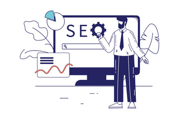 SEO concept in flat line design for web banner. Man settings search engine at browser, optimization website and development ranking, modern people scene. Vector illustration in outline graphic style