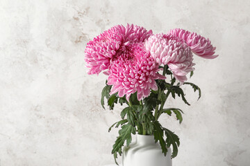 Vase with beautiful chrysanthemum flowers on light background