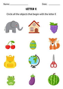 Letter recognition for kids. Circle all objects that start with E.