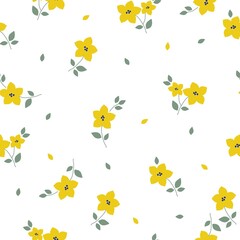 Fototapeta na wymiar Vintage pattern. Wonderful yellow flowers and green leaves. white background. Seamless vector template for design and fashion prints.