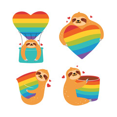 The set of sloths is hugging rainbow hearts. The collection animals for rainbow day © Olesia