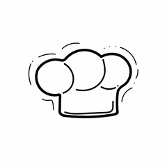 Formal high old kitchen's blanche bonnet design isolated on light backdrop. Outline black ink hand drawn picture logo sketchy in art doodle retro style pen on paper. Closeup view with space for text